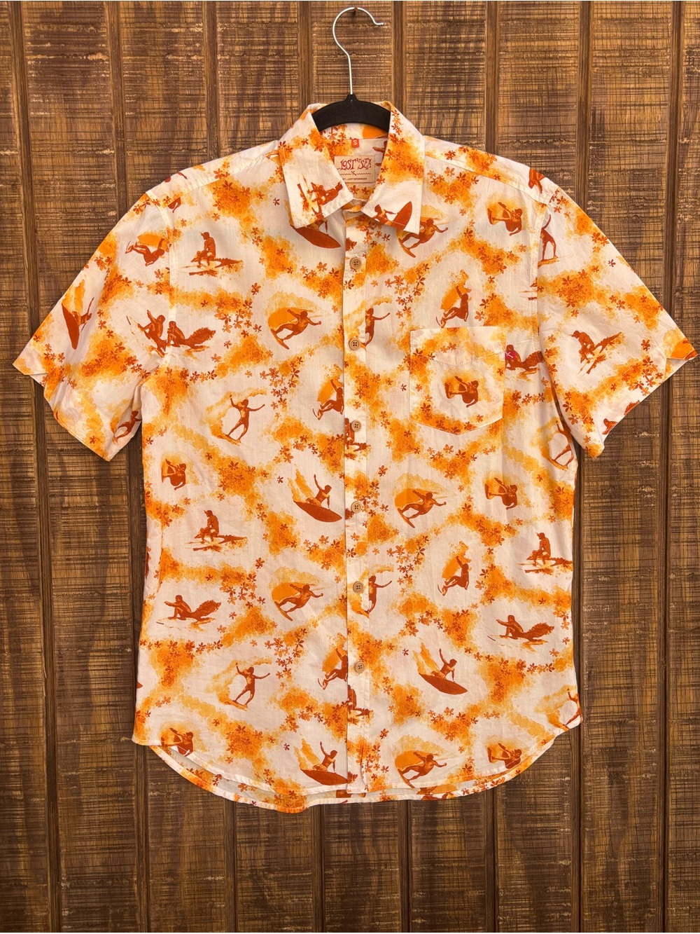 Lost At Sea White And Orange Surfer Hawaiian Button Up Shirt
